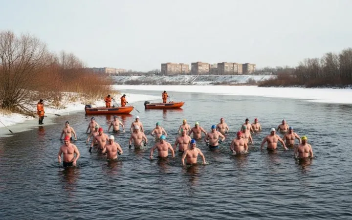 25 "моржей" совершили заплыв по Ангаре на 1,5 км